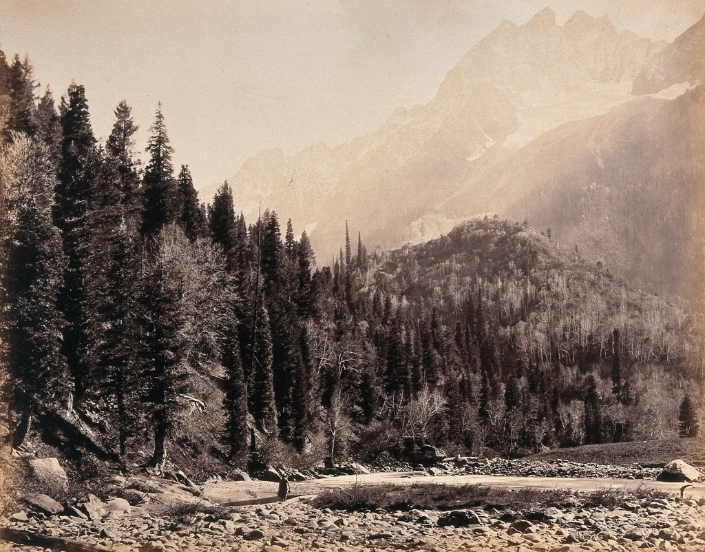 A Himalayan valley divided by a river, with a village on one side and a distant checkpoint on the other under morning light