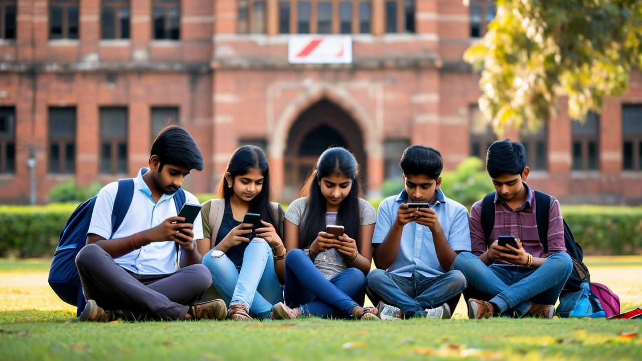 Young students on a university campus lawn looking at their phones in warm afternoon light