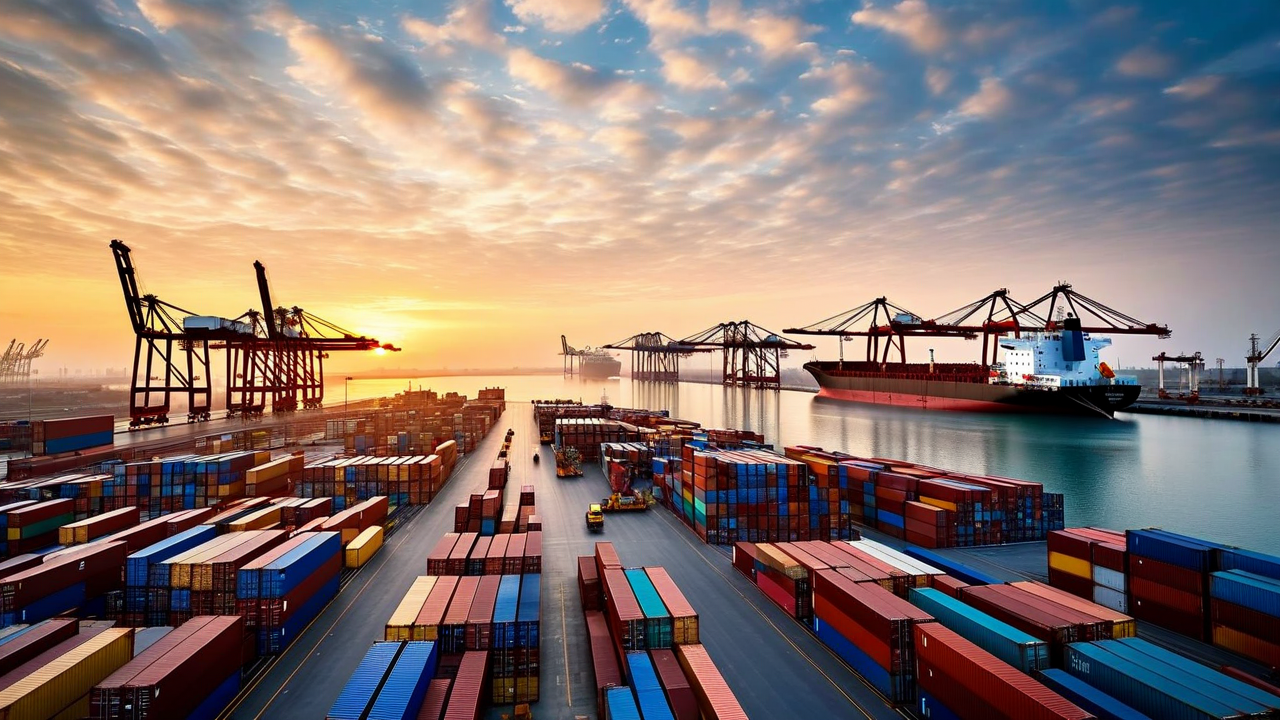 Cargo ships and shipping containers at a port during early morning light, symbolizing global trade tensions